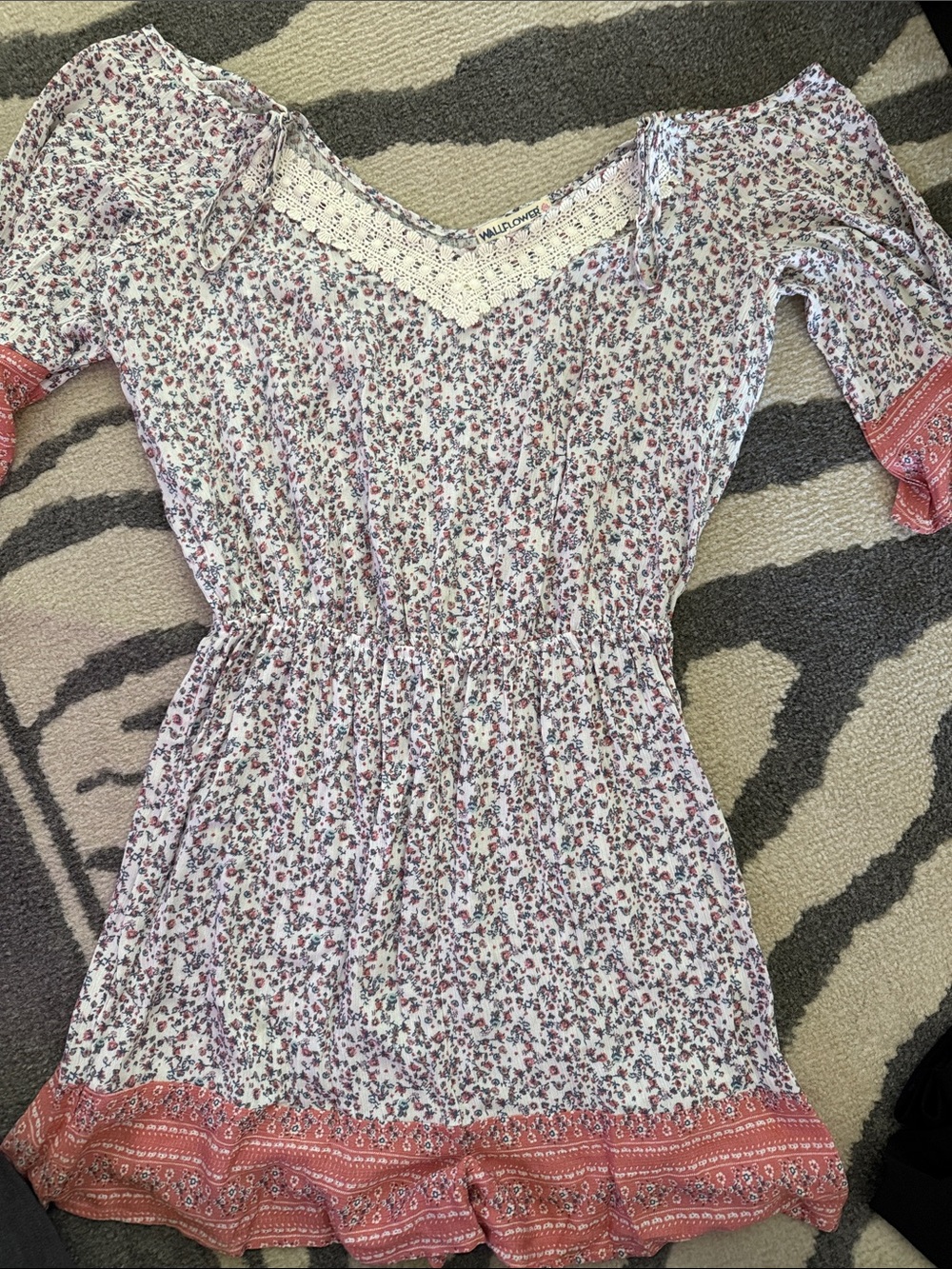 Vibrant Floral Peasant Romper with Crochet Trim